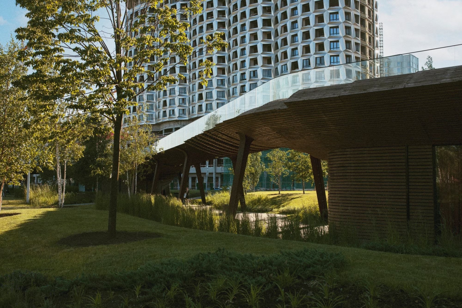 high rise building with a path in front of it