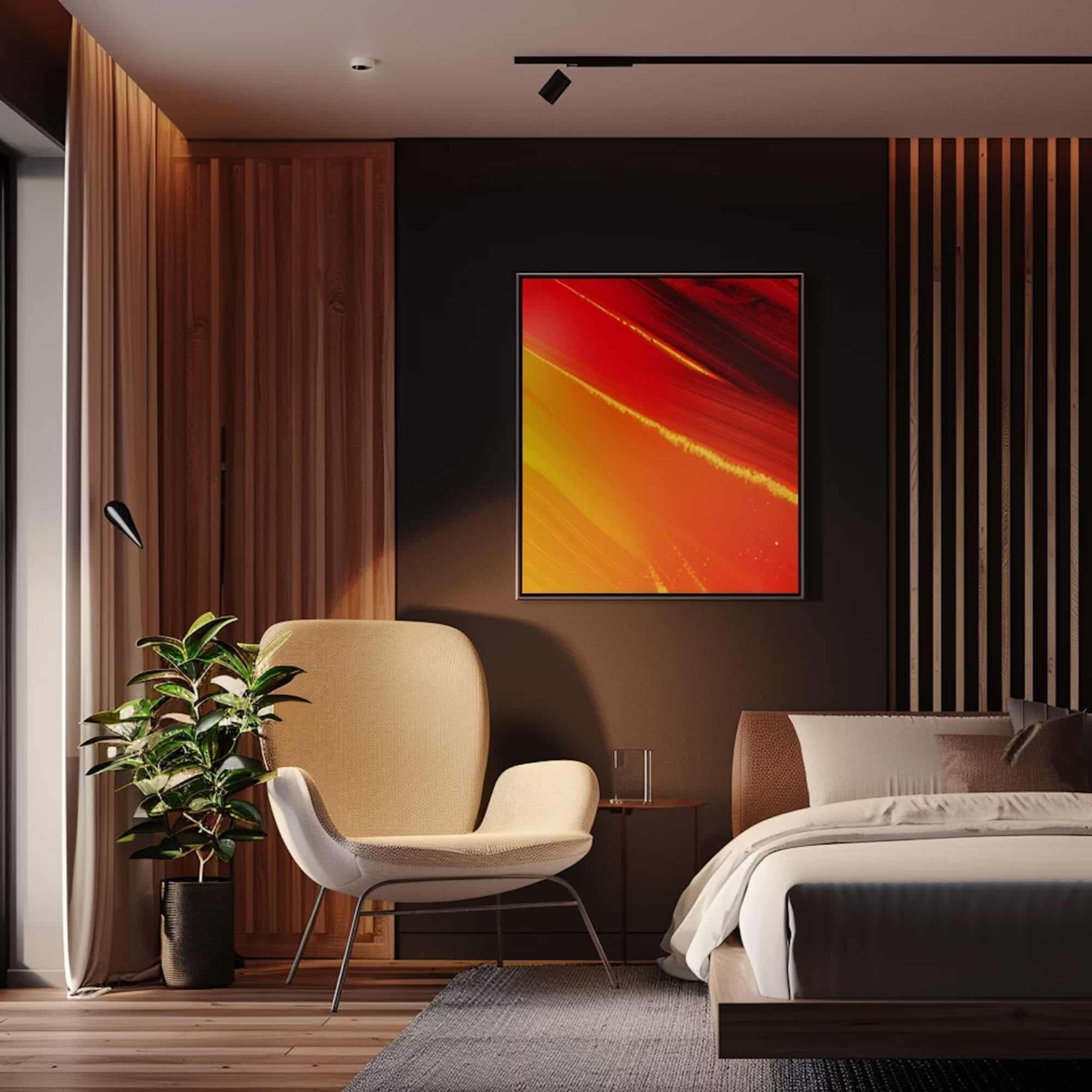 Bedroom decorated with earth tones and a modern chair