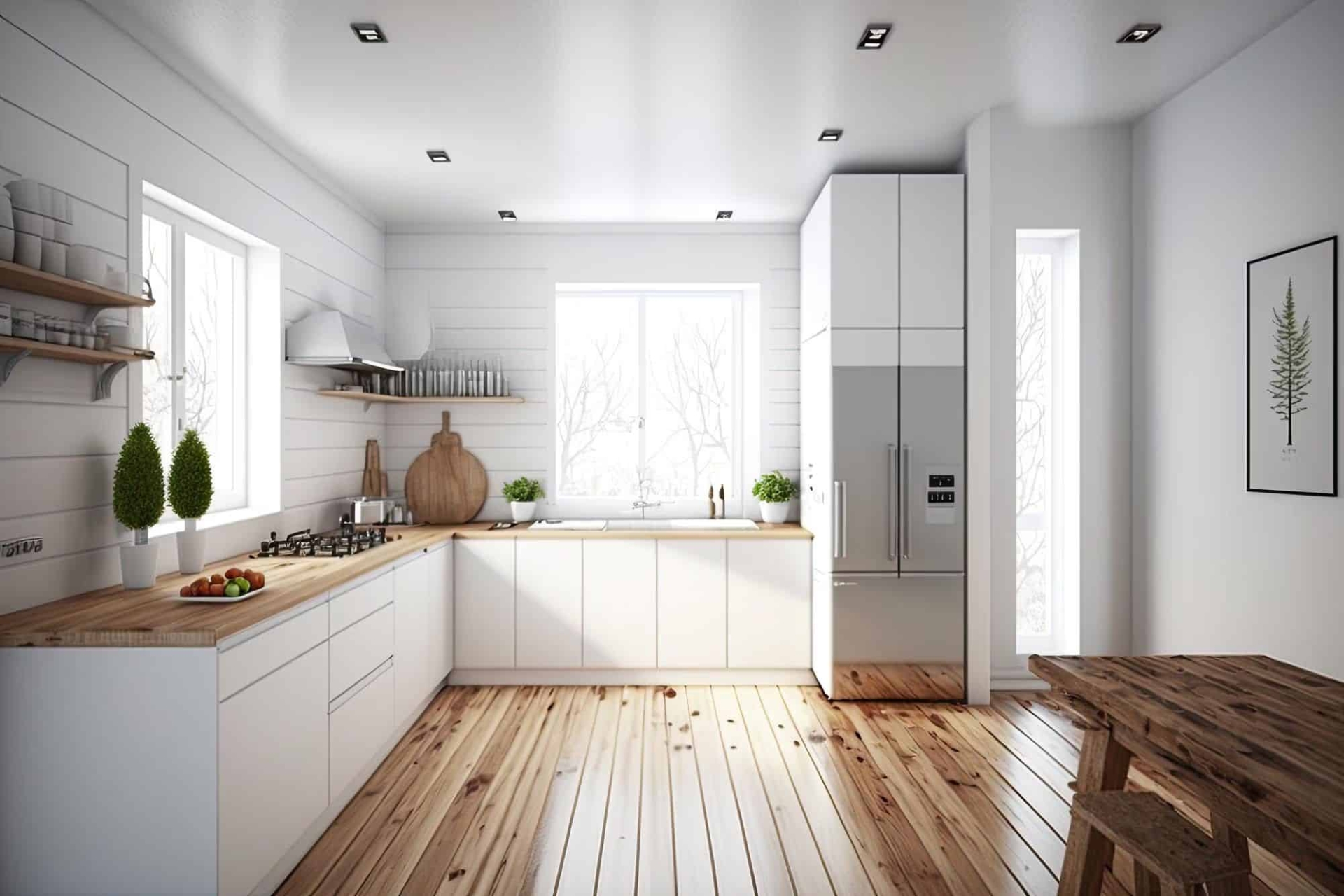 white kitchen with butcher block counter tops