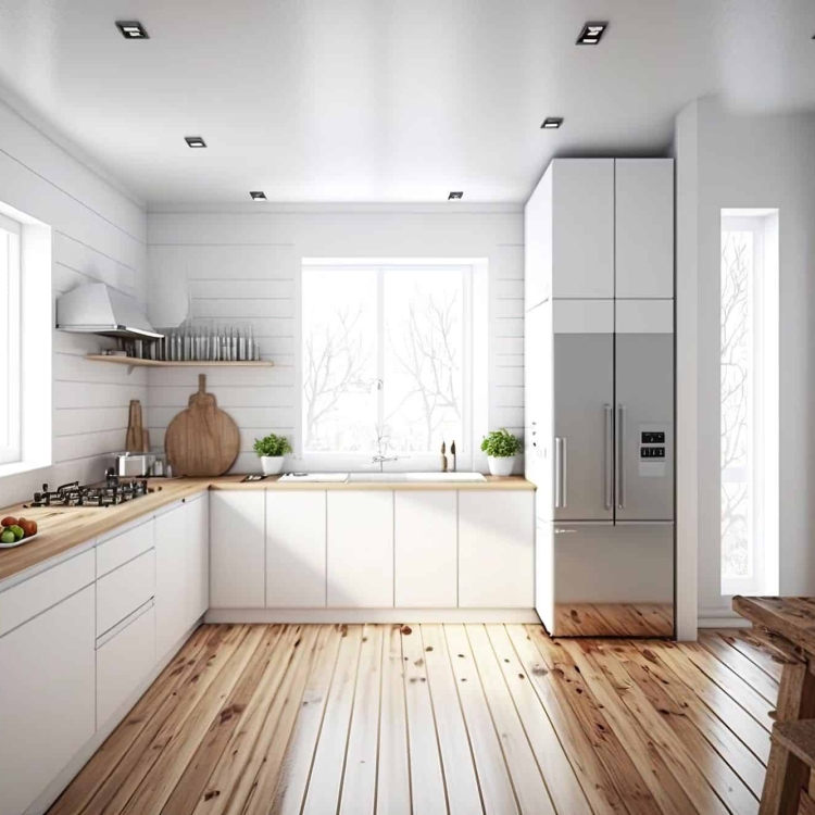 white kitchen with butcher block counter tops