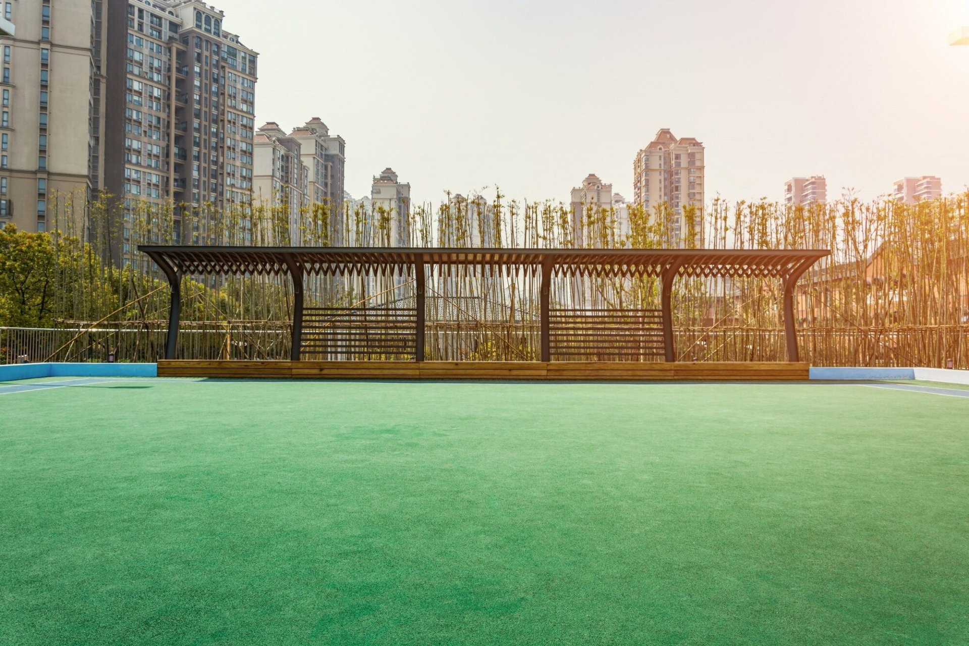 sport field with city scape behind