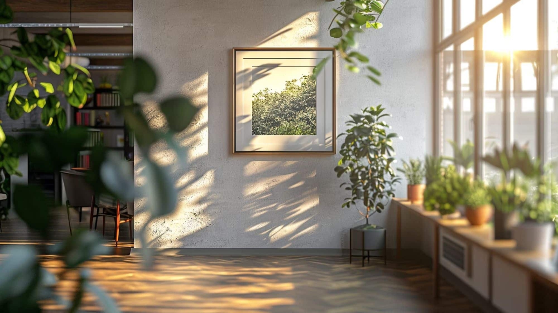 room with plants and large wall of windows